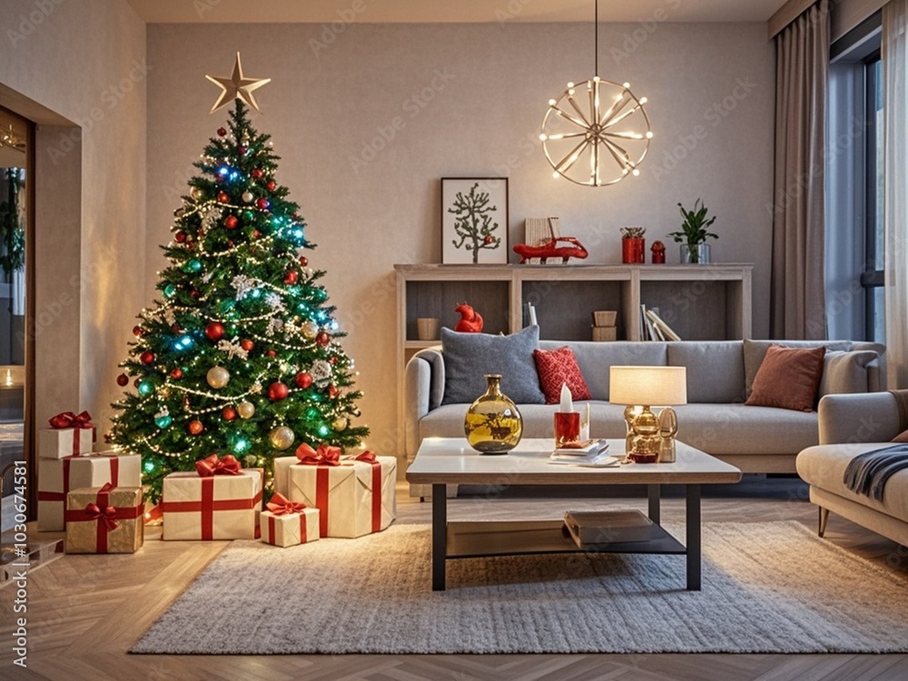 festive Christmas decoration interior in light Scandinavian style. Christmas tree and minimalistic decoration ideas