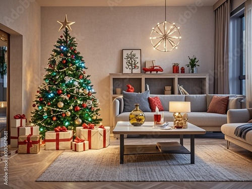 Obraz na płótnie festive Christmas decoration interior in light Scandinavian style. Christmas tree and minimalistic decoration ideas
w salonie