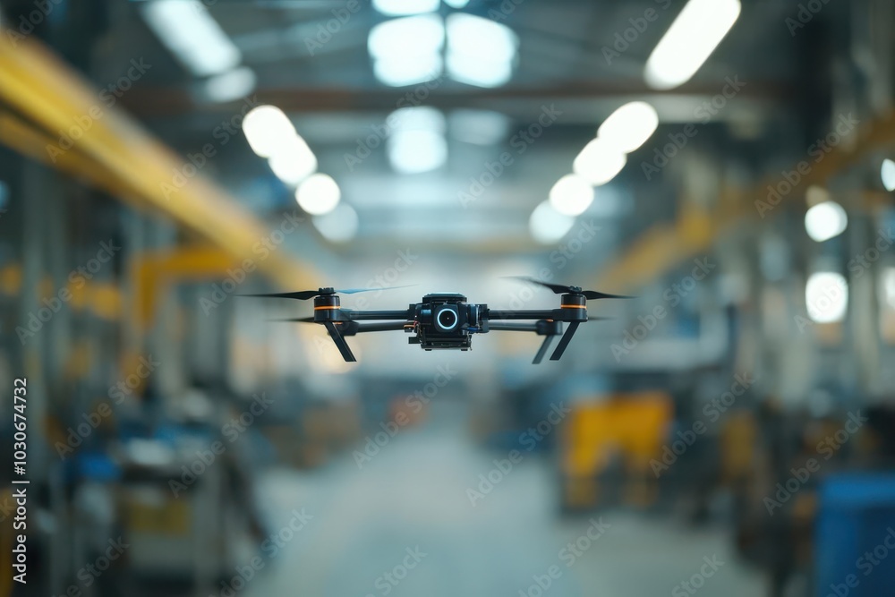 Obraz premium Industrial drone conducting site inspections in a sprawling manufacturing facility
