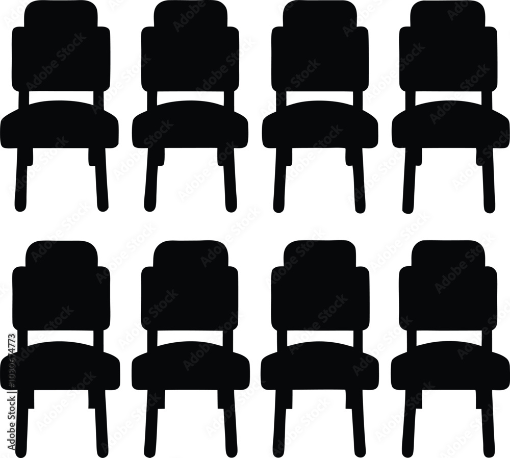 Black Silhouette Chairs in Rows of Eight, Simple Furniture Design for Interior Decor, Minimalist Style Black Silhouette Chairs in Rows of Eight, Simple Furniture Design for Interior Decor, Minimalist Style