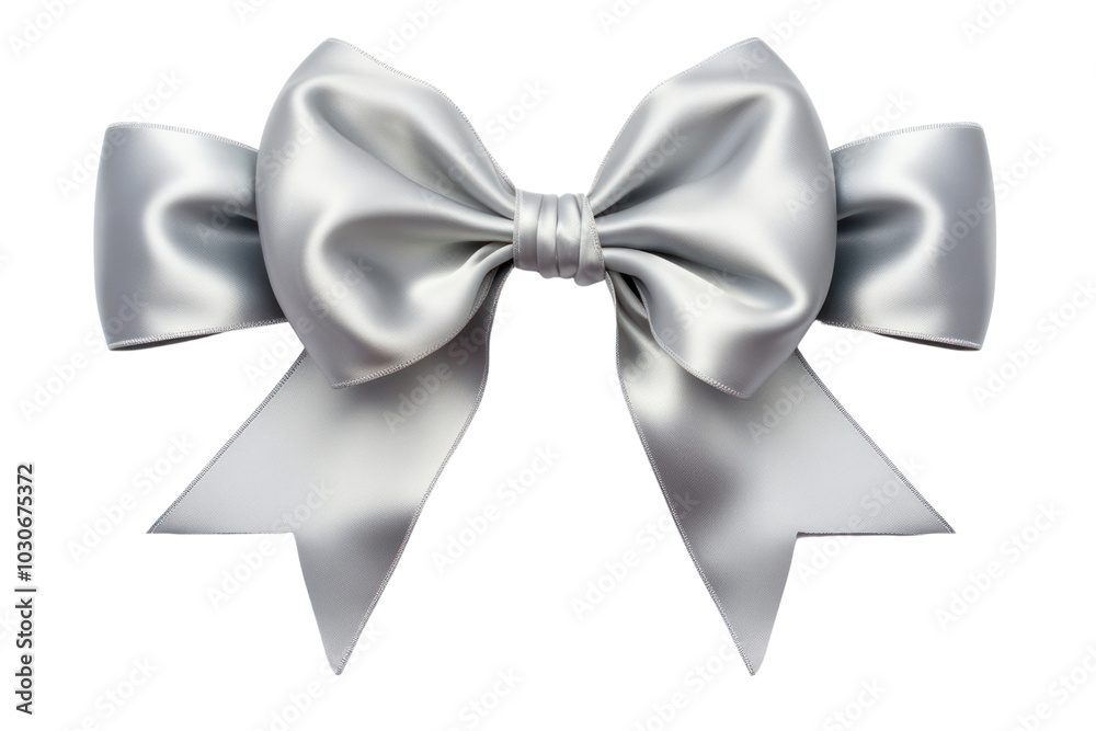 Wide silver ribbon with a large decorative bow and trailing ends isolated on white background. Wide silver ribbon with a large decorative bow and trailing ends isolated on white background.