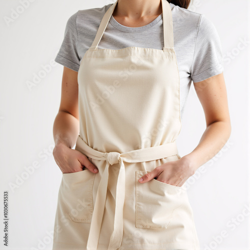 Woman wearing beige apron mockup photo