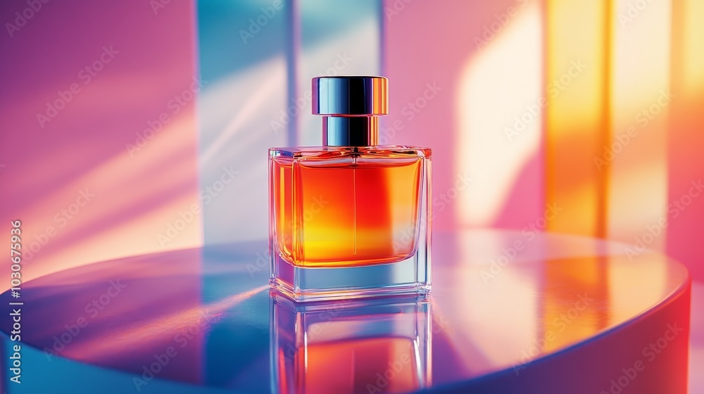 The surrealist perfume bottle is placed on the extremely simple and transparent stage and on the glass table, with dreamlike colored geometric shapes and gradations in the background. The surrealist perfume bottle is placed on the extremely simple and transparent stage and on the glass table, with dreamlike colored geometric shapes and gradations in the background.