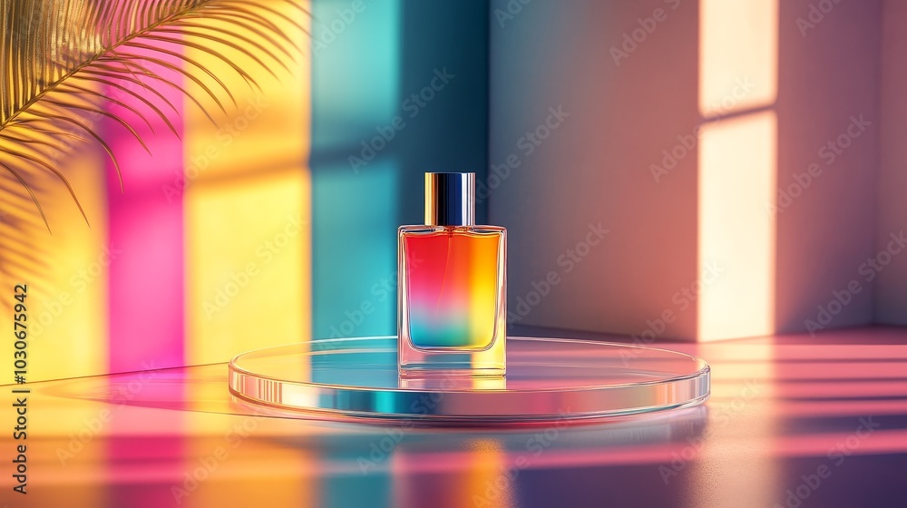 The surrealist perfume bottle is placed on the extremely simple and transparent stage and on the glass table, with dreamlike colored geometric shapes and gradations in the background. The surrealist perfume bottle is placed on the extremely simple and transparent stage and on the glass table, with dreamlike colored geometric shapes and gradations in the background.
