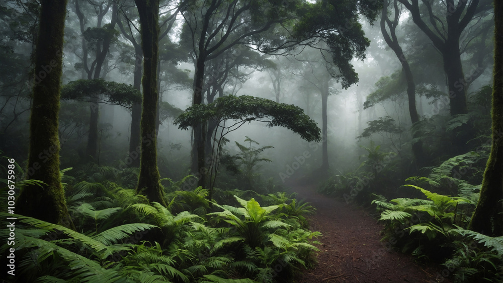 Obraz premium Misty rainforest landscape with lush greenery and rolling fog creating a serene, mystical atmosphere.