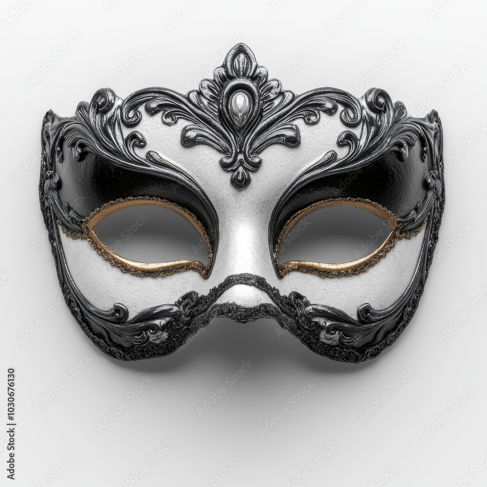 Ornate black and white masquerade mask with intricate design on a white background Ornate black and white masquerade mask with intricate design on a white background