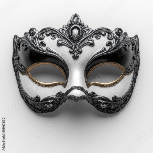 Ornate black and white masquerade mask with intricate design on a white background