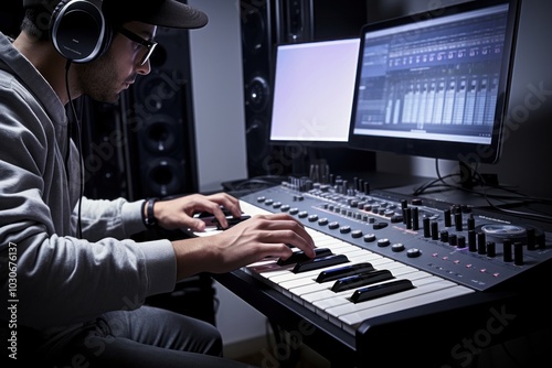 Music headphones keyboard musician.