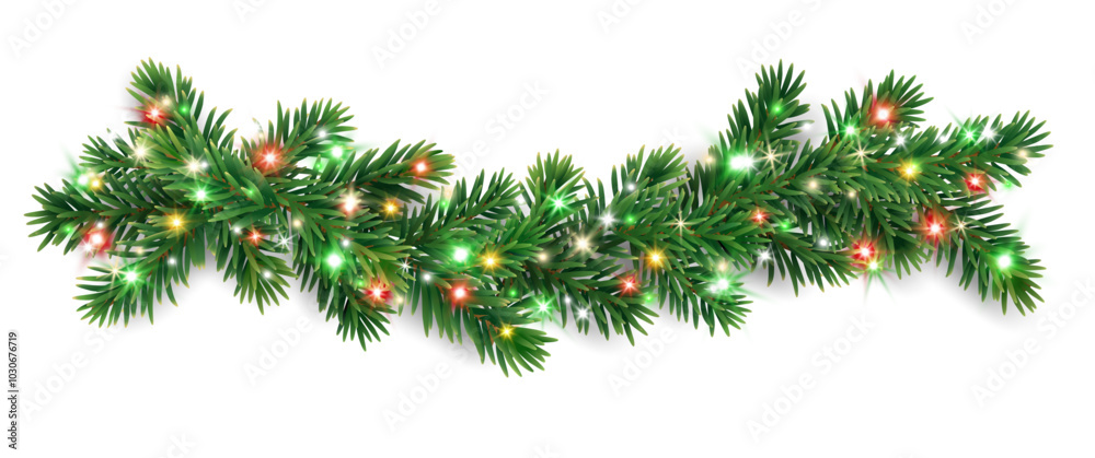 Christmas tree decoration. Holiday fir tree garland, festive Christmas divider. Winter season frame, spruce branch with colorful red and green Christmas lights. Transparent background in vector file.