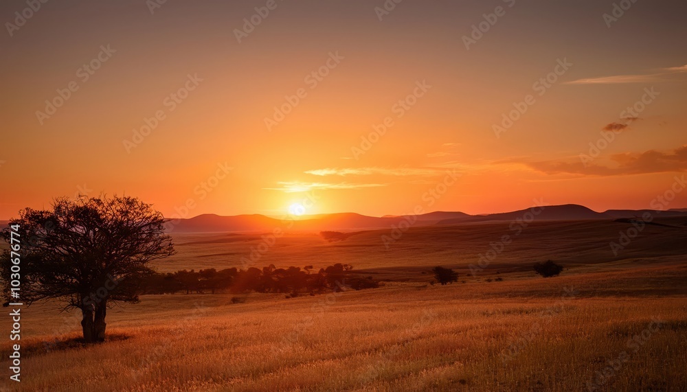 Obraz premium Golden Sunset Over Wheat Field with Silhouetted Trees and Vibrant Sky. Tranquil Rural Landscape at Dusk, Capturing the Warm Glow of Evening Light Across a Serene Countryside Horizon