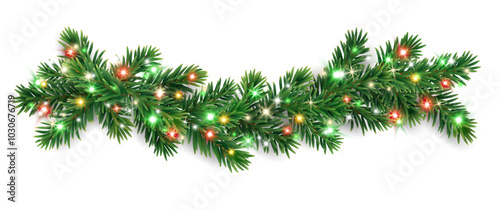 Christmas tree decoration. Holiday fir tree garland, festive Christmas divider. Winter season frame, spruce branch with colorful red and green Christmas lights. Transparent background in vector file.