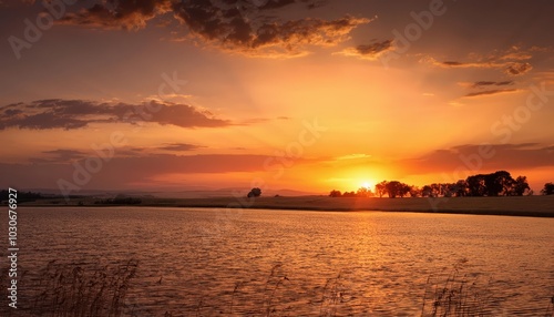 Golden Sunset Over Wheat Field with Silhouetted Trees and Vibrant Sky. Tranquil Rural Landscape at Dusk, Capturing the Warm Glow of Evening Light Across a Serene Countryside Horizon