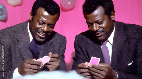 Two Joyful Friends Engaging in a Card Game on a Fluffy Cloud Under a Vibrant Sky photo