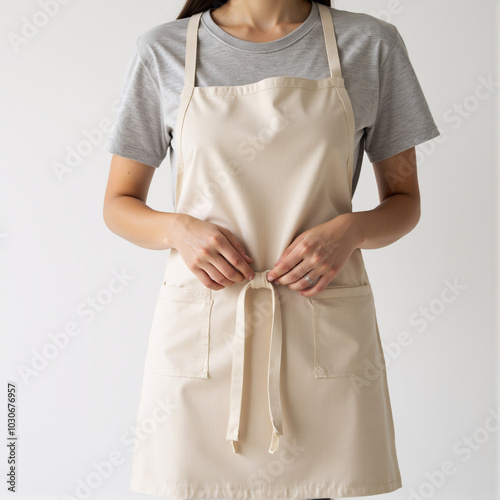 Woman wearing beige apron mockup