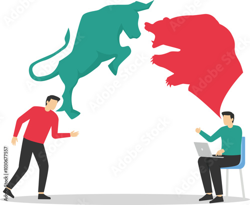 Bear and Bull fighting. Debate and fight. Global economy crash or boom. Modern vector illustration in flat style

