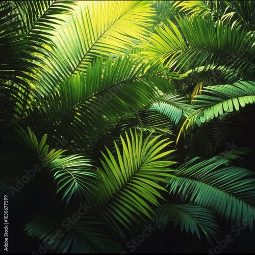 Sun Shining Through Lush Green Tropical Rainforest Canopy, Palm Tree Leaves, Jungle Greenery