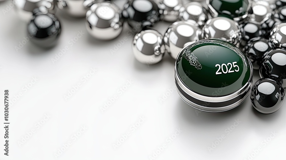 A detailed green snake wraps around shiny black and silver Christmas ornaments, holding a white ball engraved with the year 2025 in gold, creating a festive New Year atmosphere A detailed green snake wraps around shiny black and silver Christmas ornaments, holding a white ball engraved with the year 2025 in gold, creating a festive New Year atmosphere