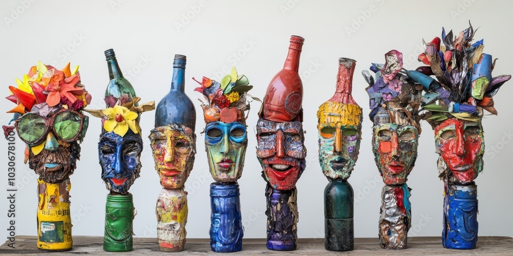 Fototapeta premium Colorful bottle sculptures with human faces.