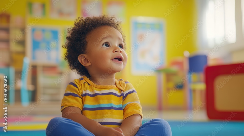 Fototapeta premium A young boy sitting in a colorful room.