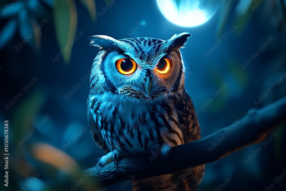 Majestic owl with glowing amber eyes, sitting on a branch under the moonlight