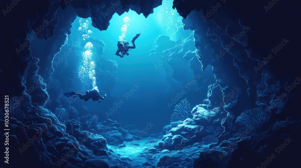 Two scuba divers explore a dark underwater cave, light shines through the opening. Two scuba divers explore a dark underwater cave, light shines through the opening.