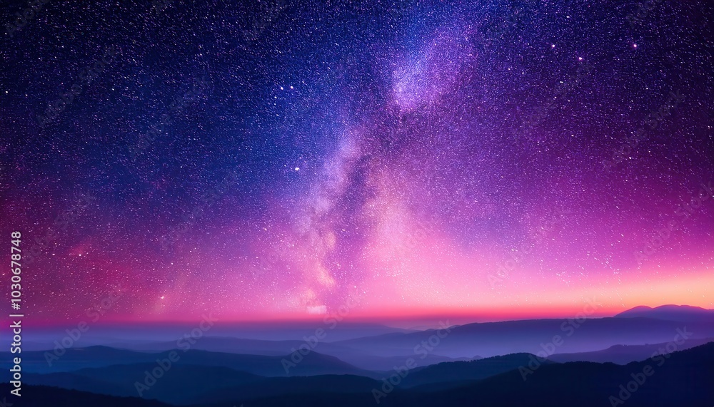 Fototapeta premium Stunning Milky Way Panorama Over Mountain Silhouettes at Twilight with Hues of Purple and Pink. Dreamy Night Sky Scene for Cosmos Themed Artwork, Science Concepts, or Serene Landscape Projects