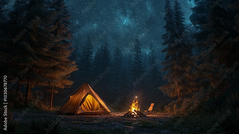 Serene forest campsite illuminated by warm tent light and crackling campfire, nestled among tall trees under a starry sky. Capturing the peaceful beauty of nature and the essence of outdoor adventure. Serene forest campsite illuminated by warm tent light and crackling campfire, nestled among tall trees under a starry sky. Capturing the peaceful beauty of nature and the essence of outdoor adventure.