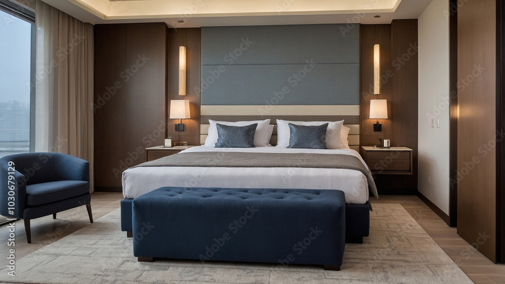 Modern bedroom with neutral tones and stylish lighting in a cozy setting, perfect for relaxation. Modern bedroom with neutral tones and stylish lighting in a cozy setting, perfect for relaxation.