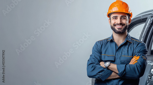 young indian engineer standing on white background