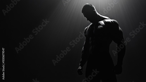 Fitness bodybuilder dark and mysterious atmosphere muscular man silhouette surrounded by smoke creates strength and masculinity in his body
