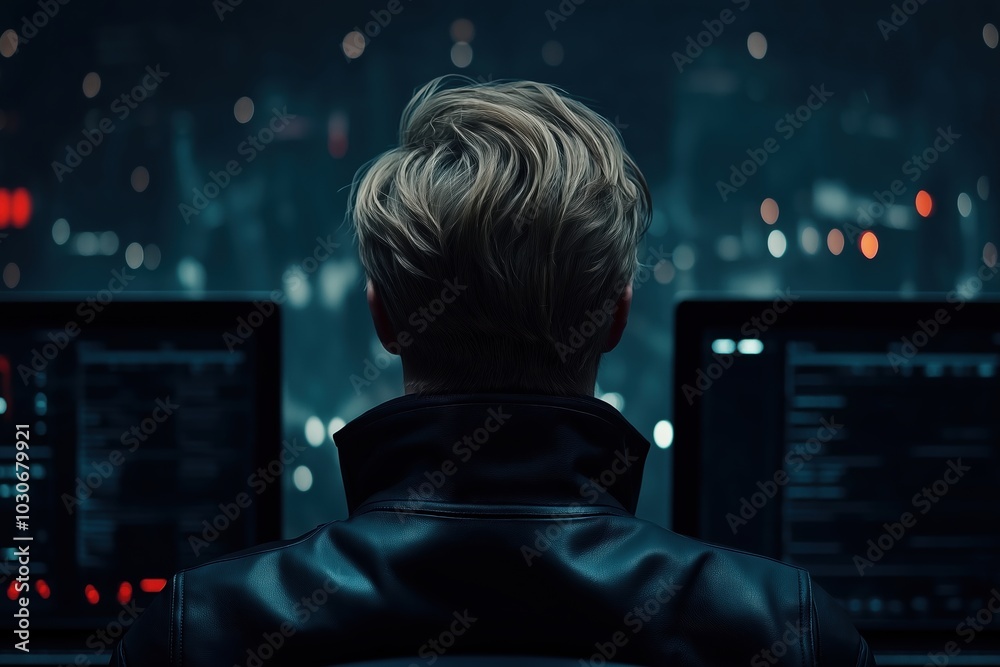 Man with blond hair sitting in dark room, computer screens in foreground, city skyline out of focus in background Man with blond hair sitting in dark room, computer screens in foreground, city skyline out of focus in background