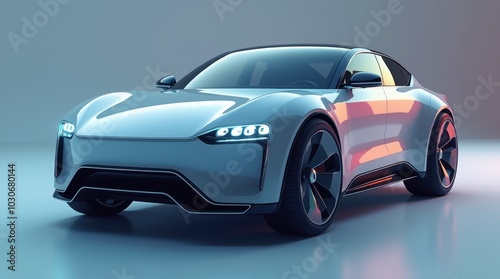 A sleek 3D rendering of an electric vehicle (EV) showcased from a dynamic angle. The car has a modern, aerodynamic design with smooth curves and sharp edges, glowing with energy-efficient lights.