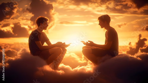 Two Joyful Friends Engaging in a Card Game on a Fluffy Cloud Under a Vibrant Sky photo