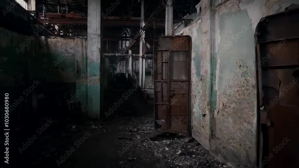 Broken metal doors in a dark, decaying factory Broken metal doors in a dark, decaying factory