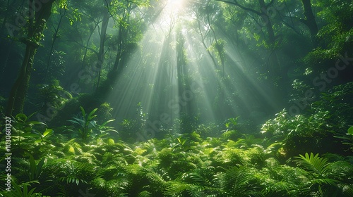 A lush green forest with sunlight filtering through the trees, capturing the essence of environmental conservation and the importance of preserving natural habitats for biodiversity. Realistic photo.