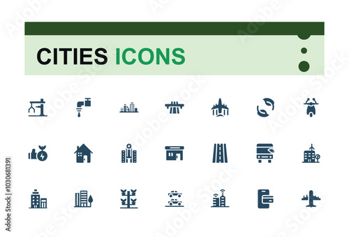 Set of solid web and ui icos for cities. Filled collection of smart sities, cloud computing, innovation business and transport glyph symbols. Pixel perfect icon pack.