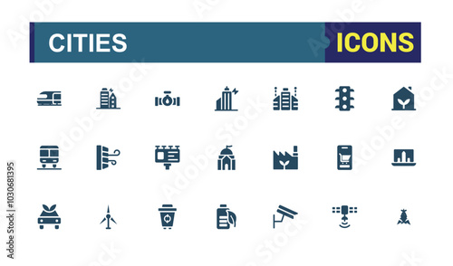 Set of solid web and ui icos for cities. Filled collection of smart sities, cloud computing, innovation business and transport glyph symbols. Pixel perfect icon pack.