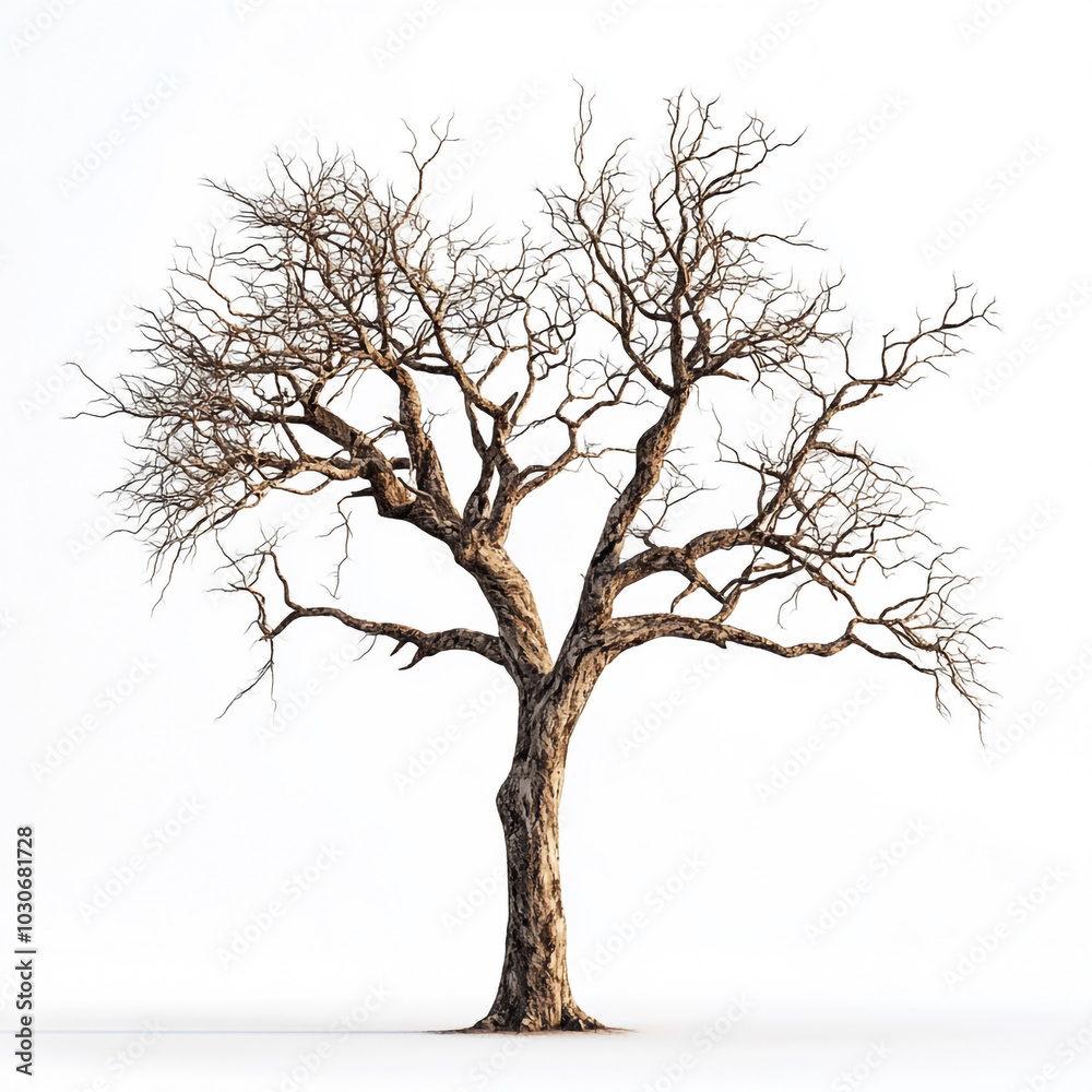 A tree with no leaves is standing alone on a white background. A tree with no leaves is standing alone on a white background.