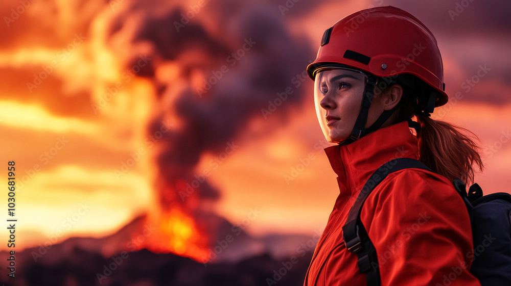 A female volcanologist in protective gear standing near an active volcano taking measurements of molten lava her expression focused with a vast landscape of volcanic rock behind 