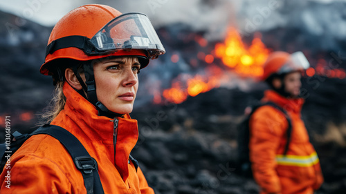 A female volcanologist in protective gear standing near an active volcano taking measurements of molten lava her expression focused with a vast landscape of volcanic rock behind  photo