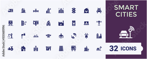 Smart city icon set solid style. Filled icon for autonomous building and home, cloud computing, innovation business and transport glyph symbols. Pixel perfect icon pack.