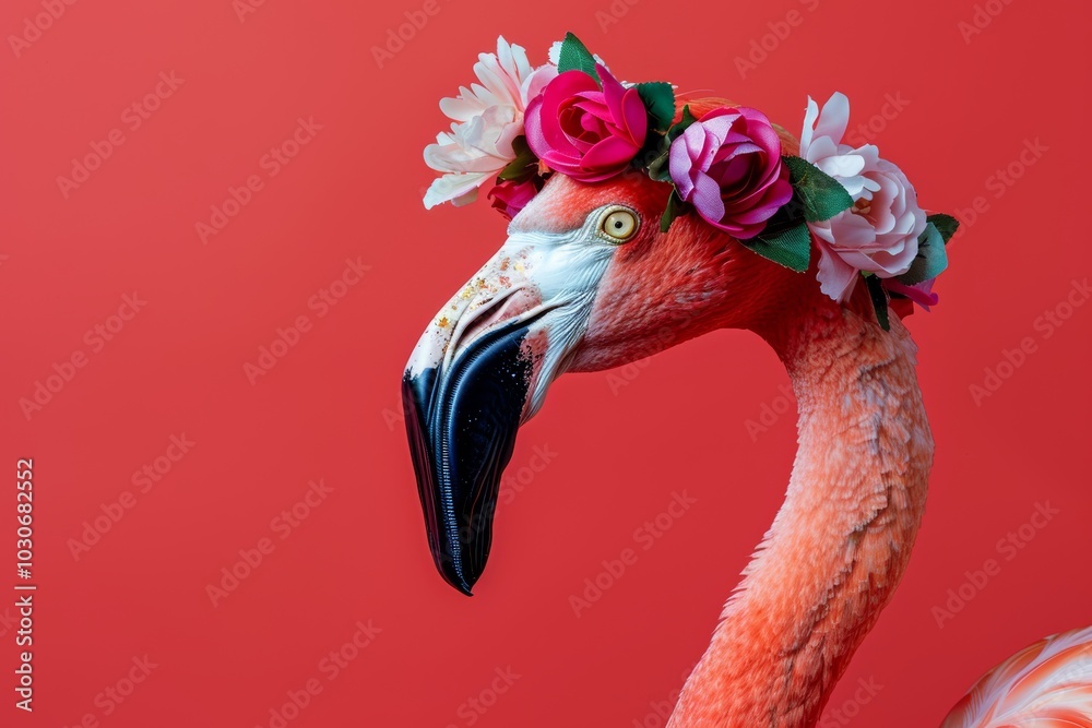 Fototapeta Flamingo with flower crown on vibrant red background