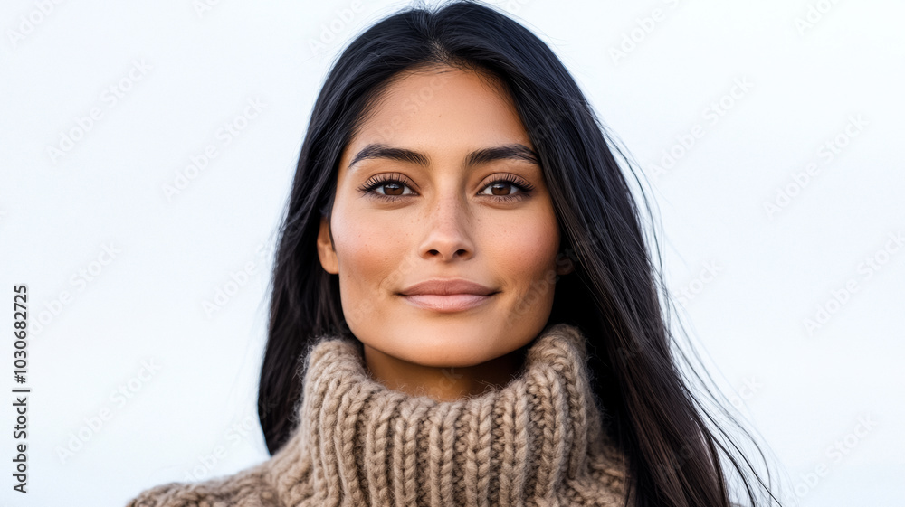 Beautiful Native Alaskan woman with long dark hair and a gentle smile wearing a cozy knitted sweater standing confidently against a bright white background Beautiful Native Alaskan woman with long dark hair and a gentle smile wearing a cozy knitted sweater standing confidently against a bright white background