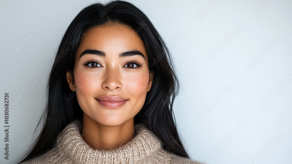 Beautiful Native Alaskan woman with long dark hair and a gentle smile wearing a cozy knitted sweater standing confidently against a bright white background Beautiful Native Alaskan woman with long dark hair and a gentle smile wearing a cozy knitted sweater standing confidently against a bright white background