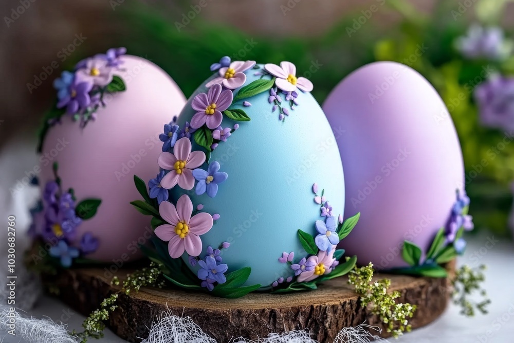 Fototapeta premium Pastel-colored egg shape with tiny floral accents