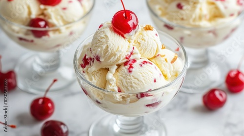 Delicious Ice Cream Dessert with Maraschino Cherry photo