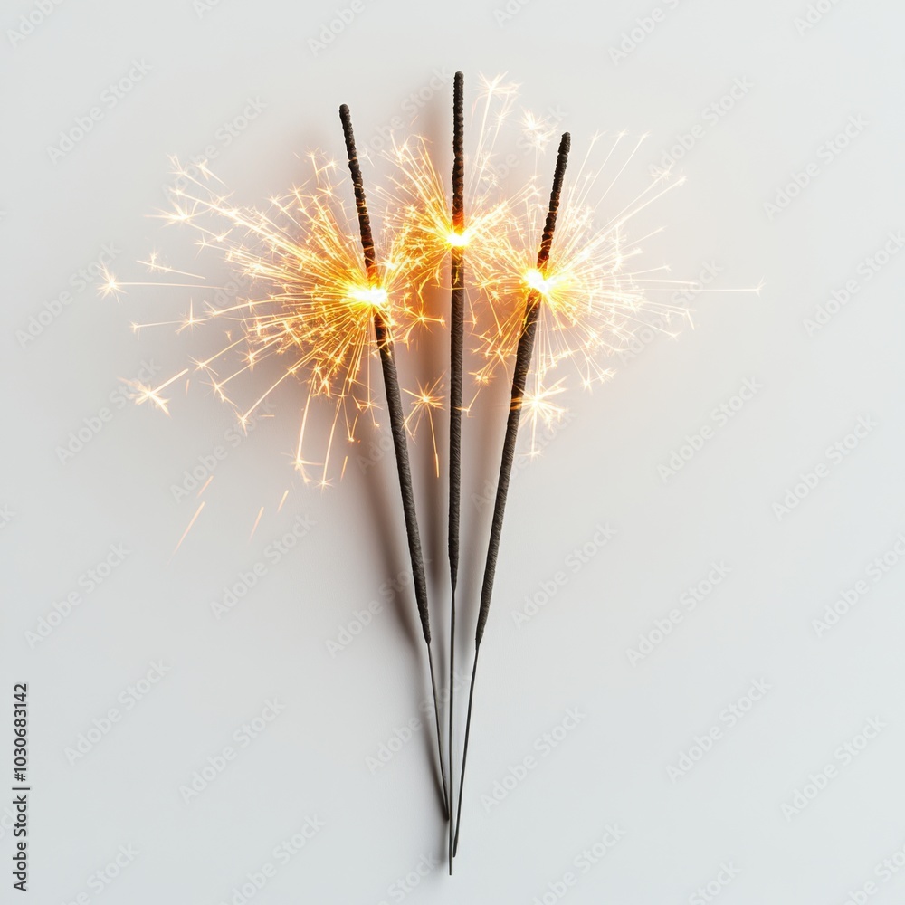 Three burning sparklers lit up against white background in diagonal arrangement Three burning sparklers lit up against white background in diagonal arrangement