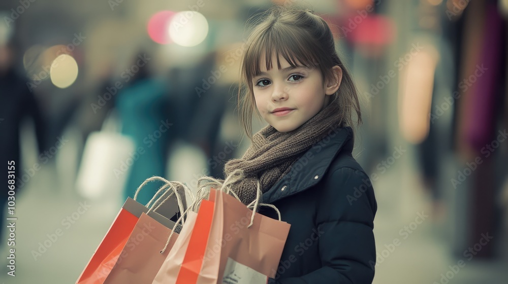 Photo of a young girl holding shopping bags in her hands Photo of a young girl holding shopping bags in her hands