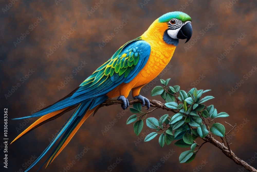 Pixel art parrot with vibrant colors, perched on a tiny tree branch Pixel art parrot with vibrant colors, perched on a tiny tree branch