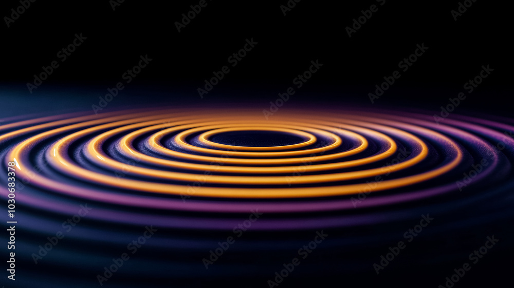 Circular sound ripples expand from the center in radiant yellows and purples creating a visual symphony of waves against a deep black backdrop Circular sound ripples expand from the center in radiant yellows and purples creating a visual symphony of waves against a deep black backdrop
